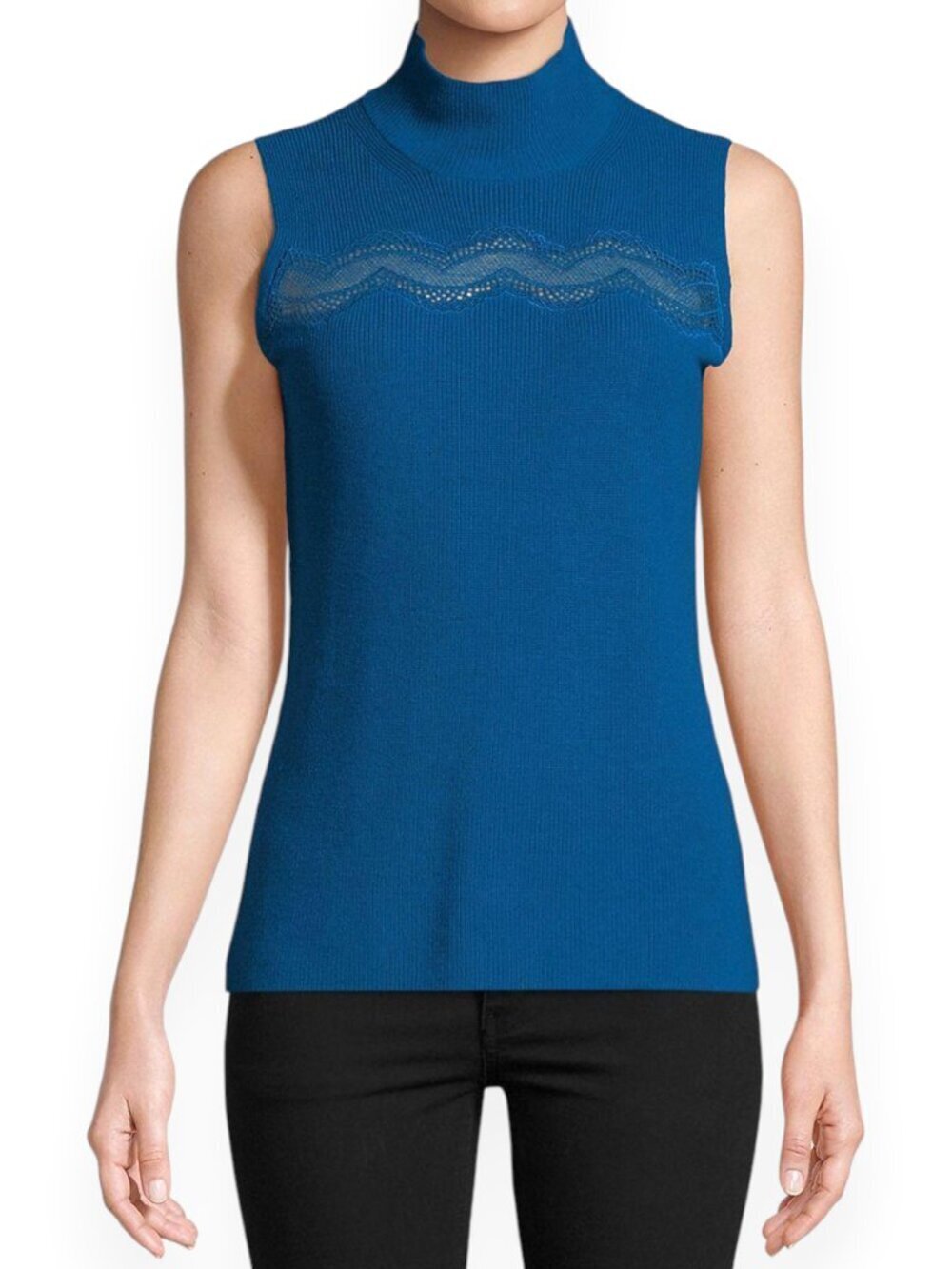 T Tahari Yolana Sleeveless Mock Neck Lace Trim Nautilus Blue Sweater New NWT M